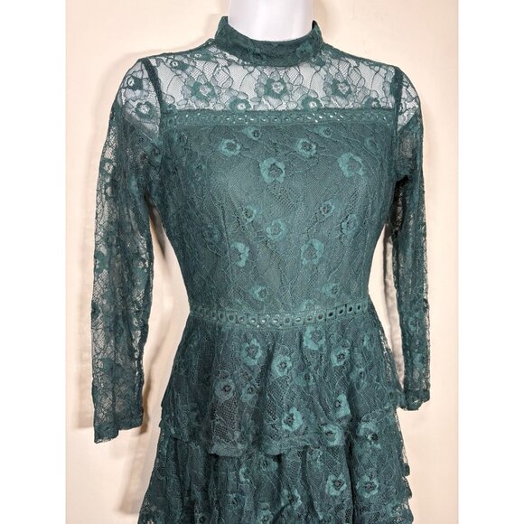 Holiday Green Lace Ruffled Long Sleeve Mini Dress Size XS Christmas Party - Picture 2 of 8